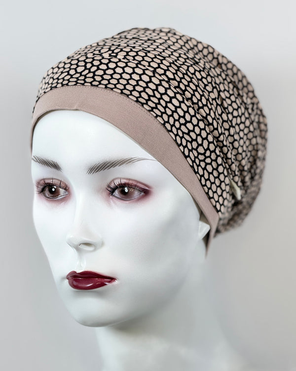 Mütze für Chemo & Alopezie - Taupe gemusterte Kombination
